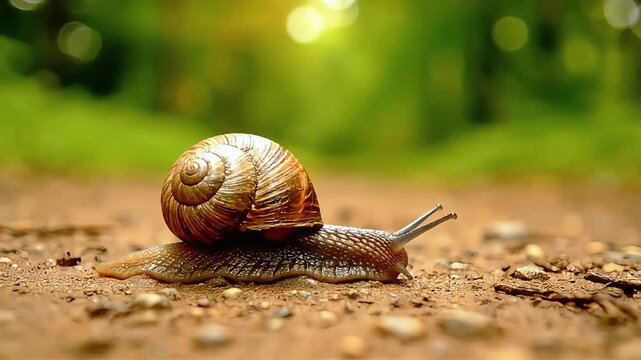 A single snail with its shell crawling slowly on the ground.