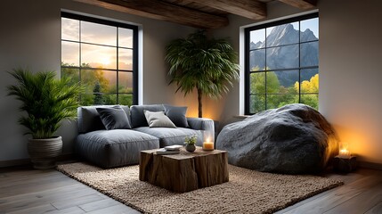 A realistic high-definition photo of a modern living room with minimalist furniture and neutral tones.