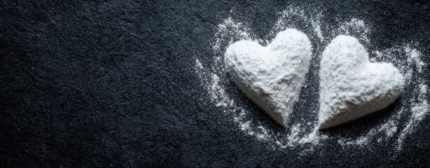 The Heart-Shaped Powdered Sugar Cookies on Dark Slate Background with Copyspace