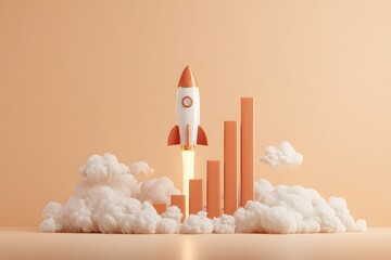 Creative rocket launch graphic with clouds and growth bars