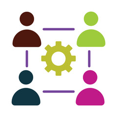 Teamwork and collaboration icon with a central gear connecting a group of people. Symbolizes business workflow and project management.