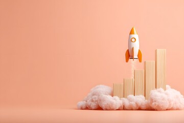 Rocket Launching from Graph Bars on Pink Background for Growth Concept