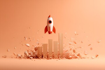 Rocket Launch Success on Bar Graph Background with Exploding Debris