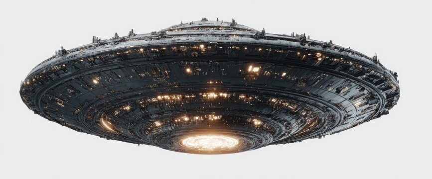 Dark gray disc-shaped spacecraft with glowing interior lights