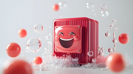 Playful smiling box with bubbles and balls in vibrant composition