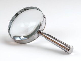 A magnifying glass, clear lens, and metallic frame, angled on a plain white background