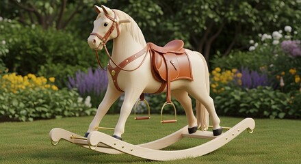 Wooden rocking horse with saddle in a garden setting.