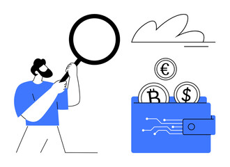Person holding magnifying glass near digital wallet with Bitcoin, Dollar, and Euro coins. Ideal for finance, cryptocurrency, digital payments, economy, blockchain, online money analysis themes