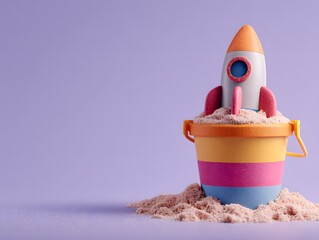 Colorful Toy Rocket in Sand Bucket on Soft Purple Background