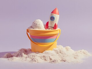 Colorful Beach Bucket with Toy Rocket and Sand Against Purple Background