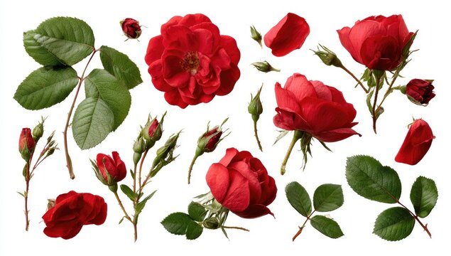 Red rose components isolated on white