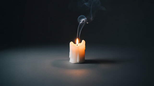 A single white candle with a flickering flame and rising smoke against a dark background