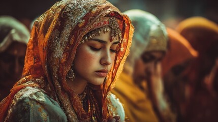 Portrait of a serene woman in traditional Indian attire during solemn prayer