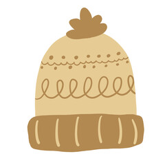 Cute winter beanie hat illustration in warm beige tones with knitted pattern