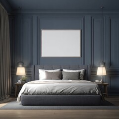 A sophisticated bedroom interior design showcases a dark gray bed with neutral tones and paneled walls.
