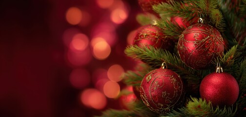The Vibrant Red Christmas Ornaments on a Beautiful Tree with Bokeh Background