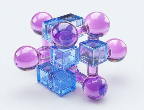 Abstract crystalline structure of interlocking cubes and spheres.  Interconnected geometric forms in shades of purple and blue glass, presented on a plain white background