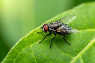 Fototapeta premium Closeup of a Fly on a Green Leaf