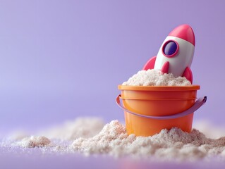 Colorful Rocket Toy in Orange Bucket Surrounded by Sand on Purple Background