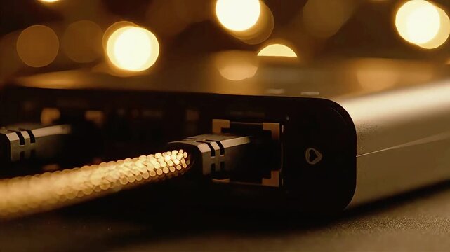 Close up of a USB-C cable plugged into a portable hard drive with bokeh lights in the background.
