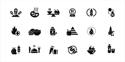 nutrition icons set. water, minerals, protein, vitamin and more. simple solid vector illustration