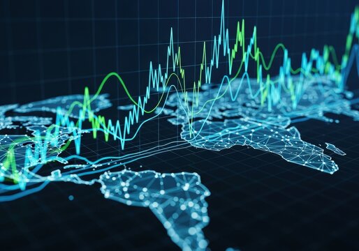 Global market analysis showing a world map with rising and falling line graphs, representing financial data, investment trends, and economic growth - Powered by Adobe