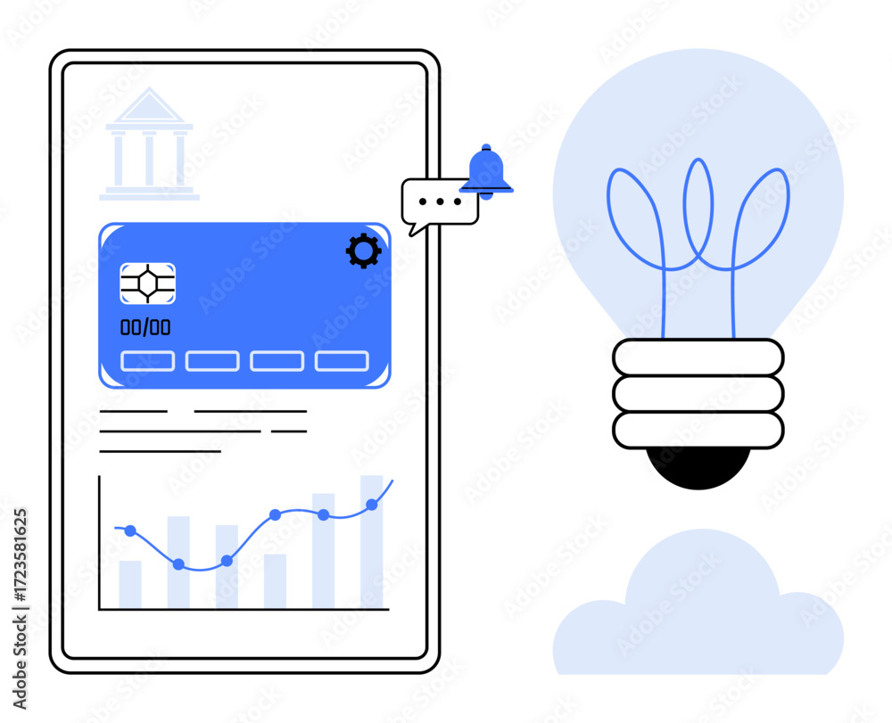 Poster digital banking app interface showing card details, notifications, and analytics. lightbulb signifie