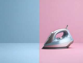 Modern Steam Iron on Minimalist Blue and Pink Background