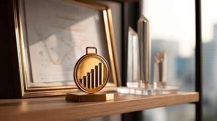 Gold Medal Displayed on Shelf with Business Awards and Certificates