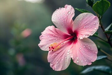 Obraz premium Pink Hibiscus Flower with Dew Drops