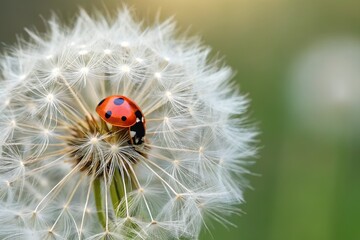 Fototapeta premium Red Ladybug on a White Dandelion Seed Head