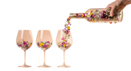 Whisking elegance and nature, vibrant wildflowers pour from a bottle into glasses, creating a delicate floral infusion. This unique visual blends beauty and sophisticated charm