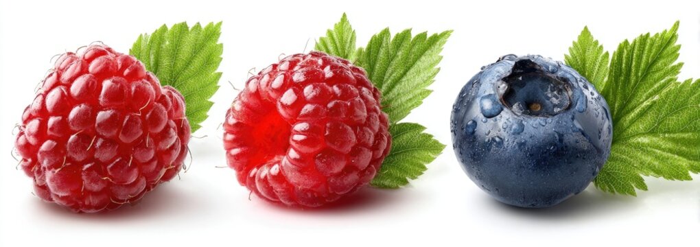 Fresh raspberries and blueberries, whole berries with leaves