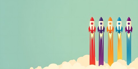 Colorful Rocket Launches Against Soft Blue Sky with Clouds