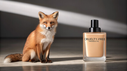 Cruelty-free products are not tested on animals. A fox sits beside a cruelty-free cosmetic bottle in a well-lit environment.