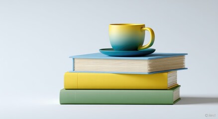 A stack of books,  a vibrant cup and saucer,  simple studio style