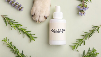 Cruelty-free products are not tested on animals. Cruelty-free product bottle surrounded by green herbs and a paw print on a soft background.