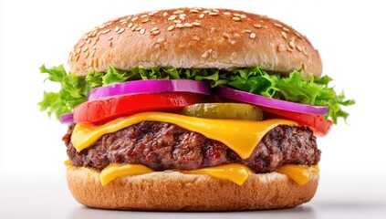 Close-up of a cheeseburger. Freshly prepared burger with sesame seed bun, beef patty, melted cheese, lettuce, tomato, red onion, and pickles