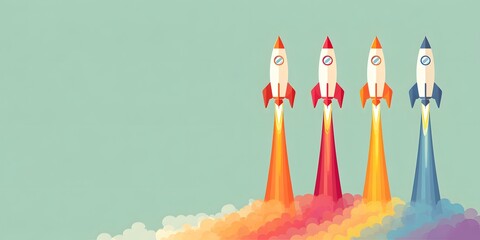 Colorful Rocket Launch Vectors with Bright Flames and Soft Background