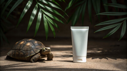 Cruelty-free products are not tested on animals. A turtle beside a cream tube in a lush, tropical setting surrounded by green leaves.