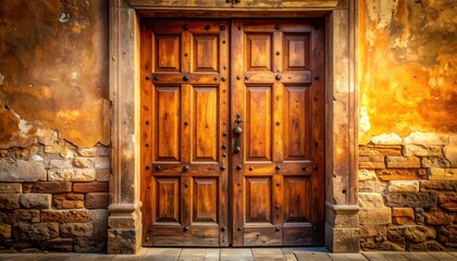 Rustic Wooden Double Doors with Iron Studs Set in Weathered Stone Frame and Textured Brick Wall in Warm Sunlight