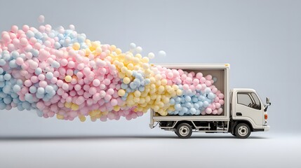 Colorful Balloons Flowing from a Small Delivery Truck on a Plain Background