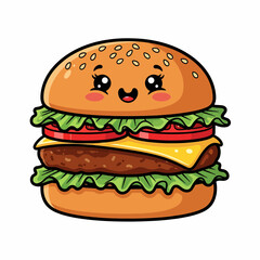 Adorable Cartoon Burger with Smiling Face Lettuce Tomato Cheese and Sesame Seed Bun.