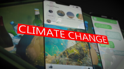Macro shot of 'Climate Change' text with globe illustration, stylish and modern, excellent for sustainability projects and educational climate crisis content.
