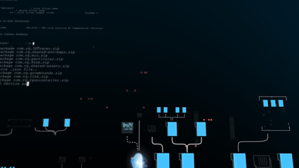 Futuristic code network with glowing paths and data packages, evoking cybersecurity and cloud computing concepts for high-tech stock imagery needs.