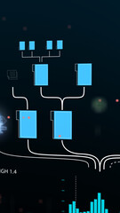 Vertical digital artwork of luminous folders, cloud symbols and data charts connected by bright lines, representing modern data management, secure storage and cloud technology.