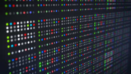 Horizontal close-up of a digital data wall with colored dots and glowing elements, symbolizing big data analysis, information flow and complex network systems.