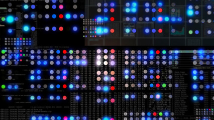 Horizontal macro shot of a luminous data matrix with multicolor dots and code fragments, illustrating data analysis, computing processes and cyber technology.