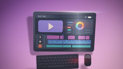 Abstract view of a digital editing program with vibrant timeline and color wheel for advanced video editing, showcasing modern creative tools for film and media production professionals.