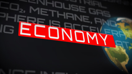 Horizontal macro close-up of the word economy highlighted in red on a dark digital background, representing finance, global markets and economic news.